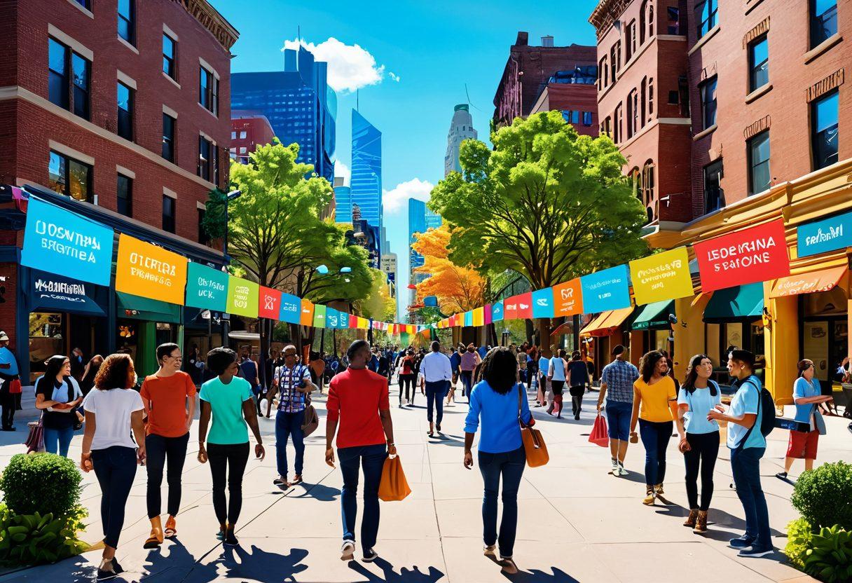 A vibrant city scene showcasing diverse community members engaging in joyful networking activities, with colorful banners and tech interfaces symbolizing fantastic networking solutions. Include elements like laughter, collaboration, and digital devices that connect people, set against a backdrop of parks and urban life. Captivate with warm, inviting colors and a sense of motion. super-realistic. vibrant colors. 3D.
