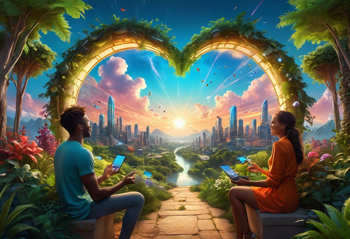 A vibrant, fantastical utopia depicting diverse people engaging in meaningful conversations and using advanced technology to connect. Imagine lush greenery, futuristic buildings blending nature and technology, and colorful holographic displays representing communication. Include elements like smiling faces, hand gestures, and heart symbols to signify connection and positivity. The sky should be bright with a sunburst, creating an atmosphere of hope and harmony. super-realistic. vibrant colors. 3D.