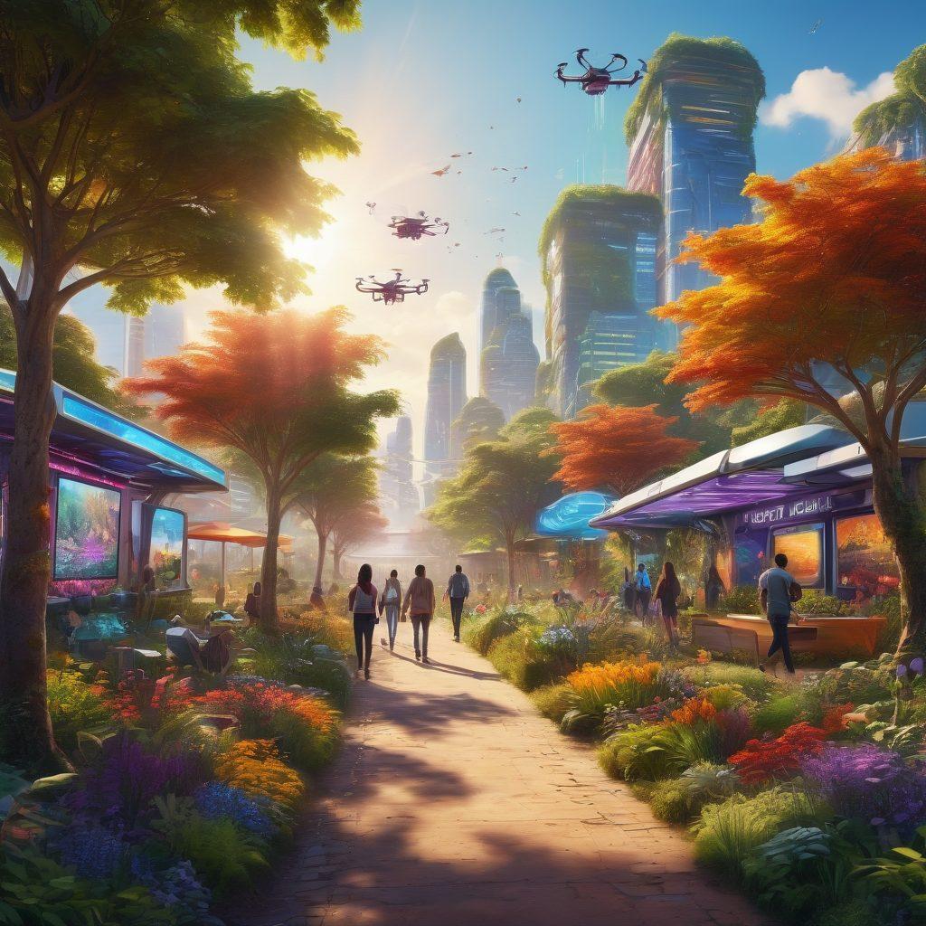 A colorful futuristic cityscape where diverse people connect joyfully through advanced technology, featuring community gardens with people enjoying activities, digital screens displaying positive messages, and drones delivering smiles; sunlight filtering through lush trees. vibrant colors. super-realistic.
